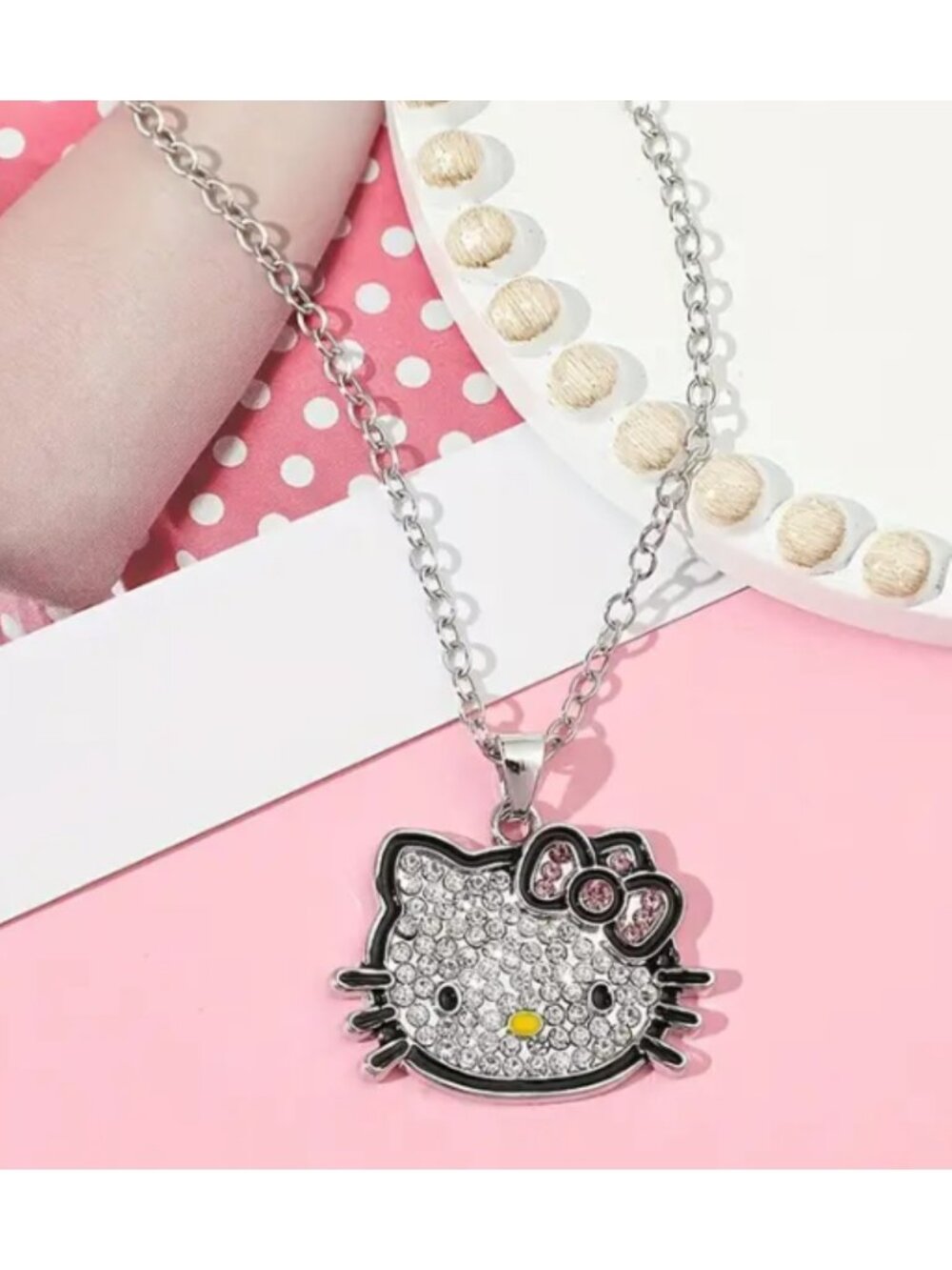 Hello Kitty Rhinestone Pendant Necklace Sparkling Silver Kawaii Charm Adjustable